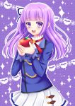  aikatsu! apple bangs blush dress happy hikami_sumire long_hair purple_eyes violet_hair 