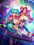  2girls blue_eyes blue_hair breasts cleavage gun hat highres instrument keyboard_(instrument) large_breasts league_of_legends miss_fortune multiple_girls pink_hair sarah_fortune sona_buvelle weapon 
