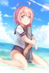  1girl ahoge bare_legs barefoot blue_sky grin hair_ornament highres i-58_(kantai_collection) kantai_collection ninnzinn partially_submerged pink_eyes pink_hair sailor_collar school_swimsuit short_hair sitting sky smile solo swimsuit torpedo wariza 