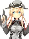  1girl blonde_hair blue_eyes blush haik hair_ornament hat highres holding kantai_collection long_hair long_sleeves looking_at_viewer military military_uniform peaked_cap prinz_eugen_(kantai_collection) simple_background sketch smile solo taut_clothes twintails uniform white_background 