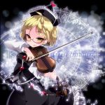  1girl bespectacled blonde_hair character_name glasses hat instrument kayama_benio looking_at_viewer lunasa_prismriver musical_note red-framed_glasses semi-rimless_glasses short_hair skirt solo touhou under-rim_glasses violin yellow_eyes 