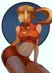  1girl alternate_costume blonde_hair blue_eyes breasts contrapposto crop_top halter_top halterneck long_hair metroid metroid_fusion midriff navel ponytail samus_aran scrunchie shorts solo splashbrush super_smash_bros. 