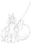  1girl animal_ears bare_legs barefoot bike_shorts fox_ears fox_tail jaco kitsune kneeling long_hair looking_at_viewer monochrome nagamaki open_mouth original solo sweater tail weapon 