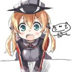  1girl :o anchor_hair_ornament blonde_hair blue_eyes blush darkside hat kantai_collection leaning leaning_forward long_hair long_sleeves looking_at_viewer military military_uniform open_mouth peaked_cap prinz_eugen_(kantai_collection) signature solo twintails uniform 