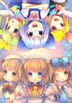  6+girls blonde_hair blue_eyes blue_hair bow brown_eyes brown_hair cirno crossover daiyousei green_hair hair_bow hat headdress ice ice_wings luna_child multiple_girls one_eye_closed open_mouth pjrmhm_coa red_eyes rumia star_sapphire sunny_milk touhou wings 