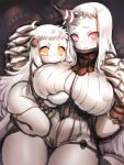  2girls blush breasts claws horn kantai_collection large_breasts long_hair looking_at_viewer multiple_girls northern_ocean_hime pink_eyes ribbed_sweater seaport_hime shinkaisei-kan sketch sweater white_hair white_skin yapo_(croquis_side) yellow_eyes 