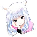  1girl animal_ears cat_ears chin_rest facial_tattoo grey_eyes looking_at_viewer original shierutei silver_hair smile solo tattoo white_background 