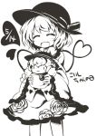  1girl :d ^_^ blush character_doll closed_eyes dated doll hat heart heart_of_string jagabutter komeiji_koishi monochrome open_mouth short_hair smile solo touhou 