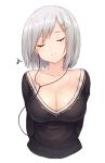  1girl arms_behind_back bangs breasts cleavage closed_eyes collarbone earphones hair_ornament hairclip hamakaze_(kantai_collection) happy kantai_collection large_breasts listening_to_music musical_note short_hair silver_hair simple_background smile solo spitfire99 sweater upper_body white_background 
