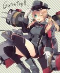  1girl ;d anchor_hair_ornament black_legwear black_ribbon black_skirt blonde_hair blue_eyes blush german gloves hair_ribbon hat hitona12 iron_cross kantai_collection long_hair long_sleeves microskirt military military_uniform motion_lines one_eye_closed open_mouth over-kneehighs peaked_cap pleated_skirt prinz_eugen_(kantai_collection) ribbon skirt smile solo striped striped_background thigh-highs turret twintails uniform white_gloves 