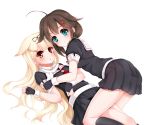  2girls absurdres ahoge black_eyes black_gloves black_legwear black_serafuku blonde_hair blouse brown_hair fingerless_gloves gloves hair_flaps hair_ornament hair_ribbon hairclip highres kantai_collection kneehighs long_hair looking_at_viewer lying multiple_girls neckerchief on_back pleated_skirt red_eyes ribbon sailor_collar scarf school_uniform serafuku shigure_(kantai_collection) simple_background skirt vivian_(lancerhd) white_background white_scarf yuudachi_(kantai_collection) 