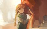  1girl anna_(frozen) braid brown_hair curtains freckles frozen_(disney) grey_eyes hiphip_hurray long_hair long_sleeves looking_at_viewer sketch solo 