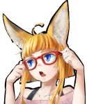  1girl animal_ears blonde_hair blue_eyes bust fox_ears glasses jaco open_mouth original short_hair simple_background solo white_background 