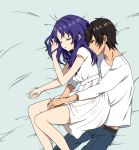  1boy 1girl black_hair blue_hair casual highres hiradaira_chisaki kihara_tsumugu long_hair lying mofu_shougun nagi_no_asukara on_side short_hair sleeping 