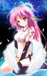  1girl absurdres angel_wings asymmetrical_legwear blush breasts cross feathers gloves halo highres jibril_(no_game_no_life) large_breasts long_hair looking_at_viewer low_wings midori_rin midriff multicolored_hair navel no_game_no_life pink_hair sideboob sitting smile solo symbol-shaped_pupils tattoo white_wings wings yellow_eyes 