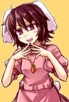  1girl :d ahoge animal_ears blush_stickers brown_hair bunny_tail carrot_necklace dress inaba_tewi open_mouth rabbit_ears red_eyes short_hair smile solo steepled_fingers tail tanakara touhou 