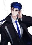  1boy blue_hair cigarette danhu earrings fate/stay_night fate_(series) formal jewelry lancer necktie ponytail red_eyes solo suit 