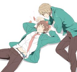  2boys 2girls brown_hair closed_eyes flower koizumi_itsuki kyon multiple_boys multiple_girls nishisaki school_uniform short_hair sleeping suzumiya_haruhi_no_yuuutsu 