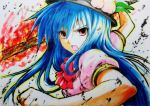  1girl ballpoint_pen_(medium) beluo77 blue_hair bow fighting_stance food fruit hat hinanawi_tenshi long_hair open_mouth peach red_eyes solo sword_of_hisou touhou traditional_media weapon 