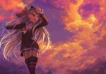  1girl amatsukaze_(kantai_collection) clenched_hand clouds cloudy_sky cowboy_shot garter_straps gloves hair_tubes kantai_collection long_hair long_sleeves looking_to_the_side open_mouth orange_sky outstretched_hand sailor_dress silver_hair single_glove sky solo sorano_eika striped striped_legwear sunset thigh-highs twintails very_long_hair white_gloves yellow_eyes 