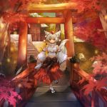  1girl animal_ears breasts detached_sleeves hat inubashiri_momiji large_breasts midriff navel pom_pom_(clothes) red_eyes revision sandals settyaro short_hair shrine side_slit skirt smile solo tail tokin_hat torii touhou white_hair white_legwear wolf_ears wolf_tail 