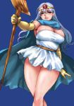  1girl blue_background blue_cape breasts cape dragon_quest dragon_quest_iii dress elbow_gloves gloves huge_breasts long_hair lowres matoyama panties pantyshot pantyshot_(standing) red_eyes sage_(dq3) silver_hair simple_background solo staff standing taut_clothes taut_dress tiara underwear white_dress 