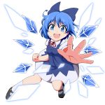  1girl blue_dress blue_eyes blue_hair bow bwell cirno dress hair_bow ice looking_at_viewer open_mouth outstretched_arm puffy_short_sleeves puffy_sleeves shirt short_sleeves smile solo touhou 
