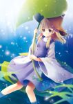  1girl blonde_hair clear_moon dress hair_ribbon hat leaf_umbrella long_sleeves looking_at_viewer moriya_suwako purple_dress pyonta ribbon ribbon-trimmed_clothes ribbon_trim smile solo sparkle touhou vest violet_eyes water wide_sleeves 