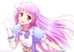  1girl aikatsu! gloves hair_ribbon hikami_sumire long_hair looking_at_viewer ookami_maito open_mouth purple_hair ribbon simple_background solo twitter_username violet_eyes white_background white_gloves 