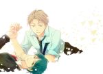  1boy 1girl blue_hair brown_eyes brown_hair gekkan_shoujo_nozaki-kun green_eyes hori_masayuki kashima_yuu lying mitsubi necktie on_back on_stomach reverse_trap short_hair smile star triangle 