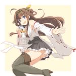  1girl :d ahoge bare_shoulders black_skirt boots brown_hair cup detached_sleeves double_bun frilled_skirt frills hairband headgear japanese_clothes kantai_collection kongou_(kantai_collection) kugui_kiyunemu lace lace-trimmed_thighhighs long_hair looking_at_viewer nontraditional_miko open_mouth outstretched_hand panties pantyshot pleated_skirt ribbon-trimmed_sleeves ribbon_trim skirt smile solo teacup thigh-highs thigh_boots underwear violet_eyes white_panties 