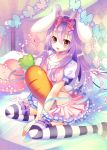  :d animal_ears bed carrot clear_moon diamond_(shape) dress frilled_dress frilled_legwear frills happy looking_at_viewer open_mouth original pillow pillow_hug puffy_short_sleeves puffy_sleeves purple_hair rabbit_ears ribbon short_dress short_sleeves sitting_on_bed smile star striped striped_legwear yellow_eyes 