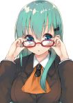  1girl :o absurdres aqua_hair bespectacled blue_eyes blush bust glasses hair_ornament hairclip highres kantai_collection kou_mashiro long_hair looking_at_viewer red-framed_glasses solo suzuya_(kantai_collection) white_background 