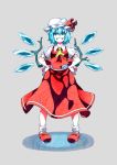  1girl ascot blonde_hair blue_eyes blue_hair bow cirno flandre_scarlet_(cosplay) grin hands_on_hips hat hat_ribbon highres ice ice_wings ribbon short_hair smile solo tell touhou wings 