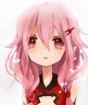  bare_shoulders breasts center_opening guilty_crown hair_ornament hairclip long_hair looking_at_viewer pink_hair red_eyes solo yuzuriha_inori 