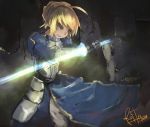  1girl ahoge armor armored_dress blonde_hair dress fate/stay_night fate_(series) gauntlets green_eyes riftgarret saber solo sword weapon 