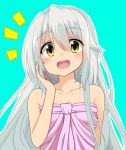  1girl :d bare_shoulders blue_background cacao_(cacao0809) long_hair looking_at_viewer open_mouth original silver_hair simple_background smile solo yellow_eyes 