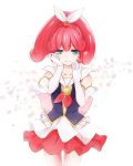  1girl blue_eyes brooch cure_mirage elbow_gloves gloves hair_ribbon happinesscharge_precure! highres jewelry magical_girl pink_hair popped_collar precure queen_mirage red_skirt ribbon shipu_(gassyumaron) short_hair skirt solo spoilers standing white_gloves 