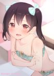  1girl black_hair blush bow hair_bow lingerie looking_at_viewer love_live!_school_idol_project mashimaru_(muzikluva) open_mouth red_eyes short_hair solo twintails underwear yazawa_nico 