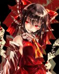  1girl ascot black_background blood blush bow breasts bust detached_sleeves hair_bow hair_tubes hakurei_reimu head_tilt kuro_kichi on_floor open_mouth payot red_eyes shide short_hair slit_pupils solo touhou 