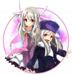  2girls chippucream dual_persona fate/kaleid_liner_prisma_illya fate/stay_night fate_(series) feathers hair_feathers hat illyasviel_von_einzbern long_hair magical_girl multiple_girls red_eyes white_hair 