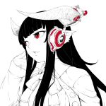  1girl headphones horns jaco long_hair monochrome original red_eyes simple_background solo spot_color white_background 