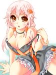  bare_shoulders breasts cleavage guilty_crown hair_ornament hairclip iwato_(celler) long_hair looking_at_viewer no_bra pink_hair red_eyes solo strap_slip twintails yuzuriha_inori 