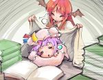  2girls =_= ^_^ absurdres bat_wings blanket blush book book_stack bow capelet closed_eyes covering_with_blanket crescent crossed_arms dress_shirt drooling hat hat_bow head_wings highres koakuma long_sleeves mob_cap multiple_girls necktie open_book patchouli_knowledge purple_hair redhead shinapuu shirt sigh simple_background sleeping smile table touhou vest wings 