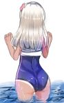  1girl ass blue_swimsuit flower from_behind hair_flower hair_ornament hibiscus kantai_collection long_hair one-piece_swimsuit partially_submerged ro-500_(kantai_collection) silver_hair sleeveless sleeveless_shirt solo swimsuit tan tanline tenken_(gotannda) water 