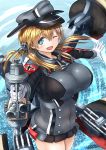  1girl ;d anchor_hair_ornament black_skirt blonde_hair blue_eyes blush breasts covered_navel gloves hair_ornament hat iron_cross kantai_collection large_breasts long_hair machinery microskirt military military_uniform one_eye_closed open_mouth peaked_cap prinz_eugen_(kantai_collection) skirt smile solo sparkle takahashi_rodemu turret twintails uniform white_gloves 