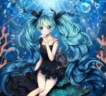  1girl aqua_hair artist_name blue_eyes bubble coral dalrye dress hair_ribbon hatsune_miku long_hair ribbon shinkai_shoujo_(vocaloid) solo submerged twintails underwater very_long_hair vocaloid 