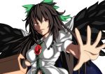 1girl arm_cannon black_hair bow cape hair_bow long_hair outstretched_arm red_eyes reiuji_utsuho serious solo star_(sky) tell third_eye touhou weapon wings 