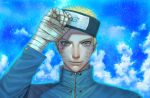  1boy bandages blonde_hair blue_eyes estelle97 facial_mark highres naruto naruto:_the_last realistic short_hair sky solo uzumaki_naruto 