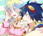  +_+ 1boy 1girl blue_hair couple goggles goggles_on_head multicolored_hair nia_teppelin simon smile taira_momen tengen_toppa_gurren_lagann two-tone_hair 